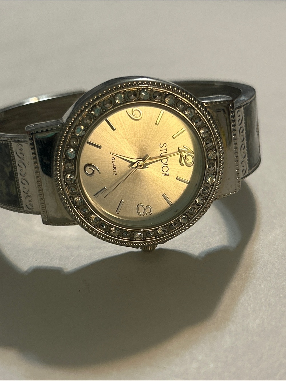 Studio Time Silver Inlay Hinged Cuff Watch Rhinestone Halo - RUNNING
